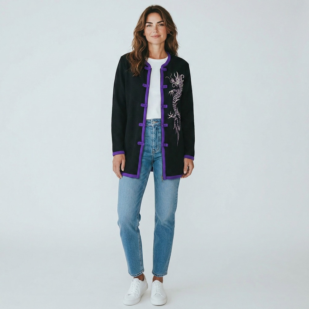 Bob Mackie Wearable Art Women's Dragon Embroidered Cardigan Black Purple Large